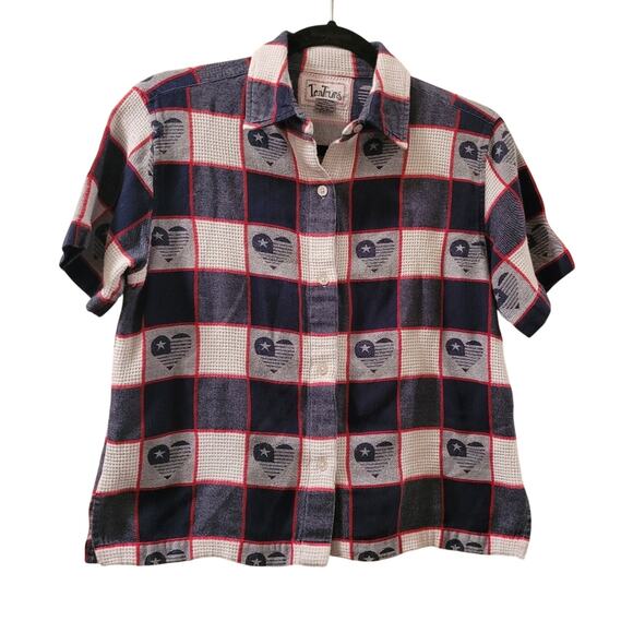 Vtg Womens Patriotic Heart Embossed Plaid Button Down Top Tantrums Size S USA - Picture 1 of 5